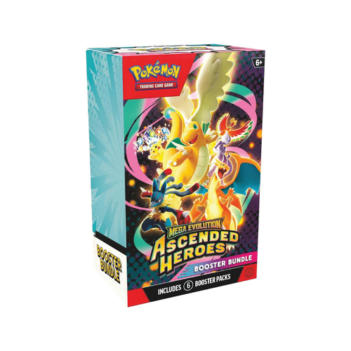 Stack of colorful Ascended Heroes booster packs fanned out on a wooden tabletop with card backs visible