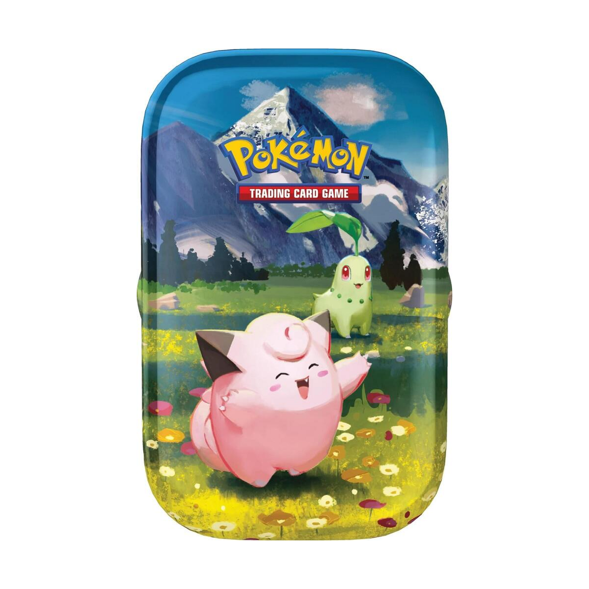 Small metal tin with colorful fantasy character art and collectible card icons arranged on a wooden table