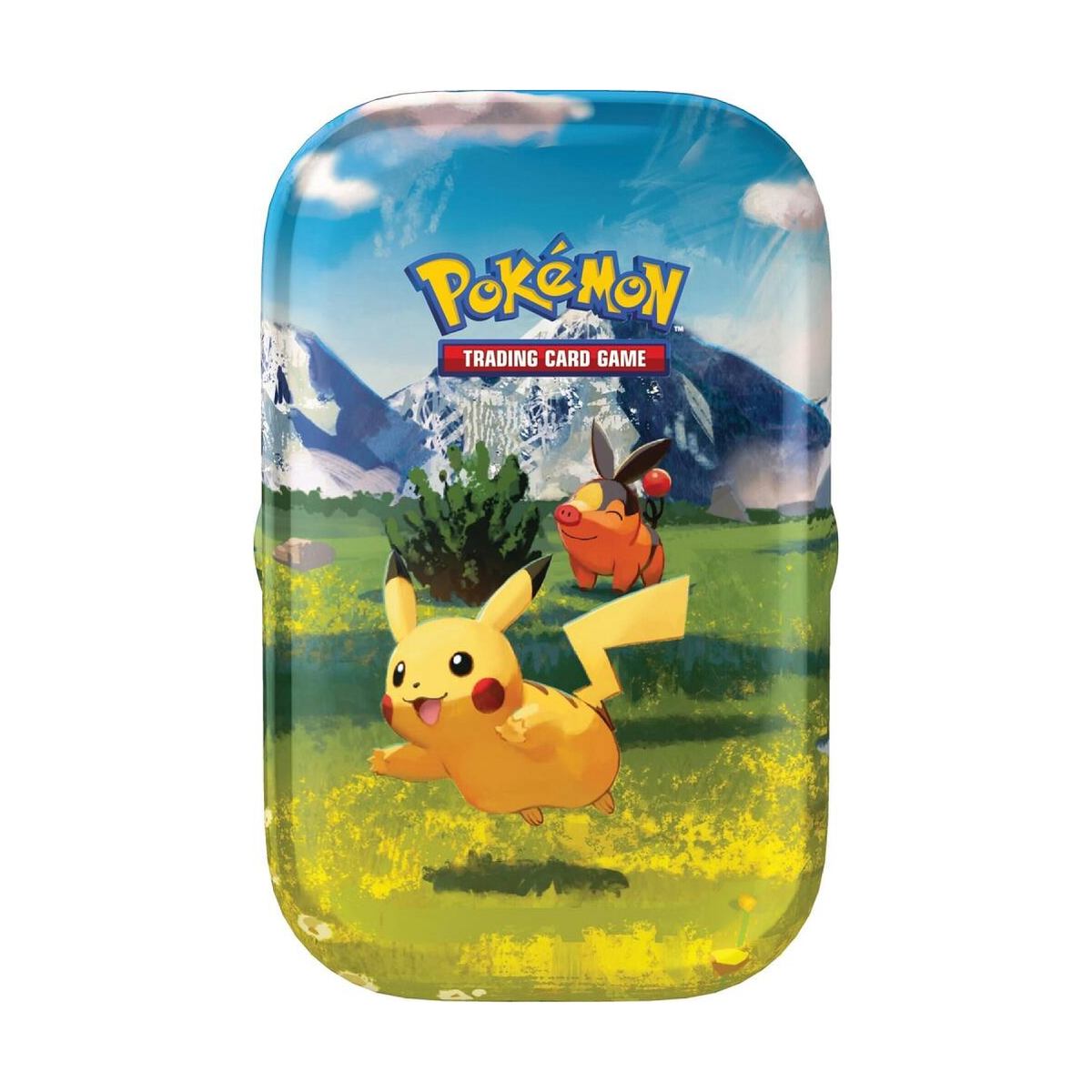 Small metal tin with colorful fantasy hero artwork and collectible card game logo on the lid