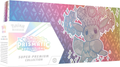 Collector's box with holographic Pokémon card art, featuring a radiant legendary Pokémon and colorful prism effects