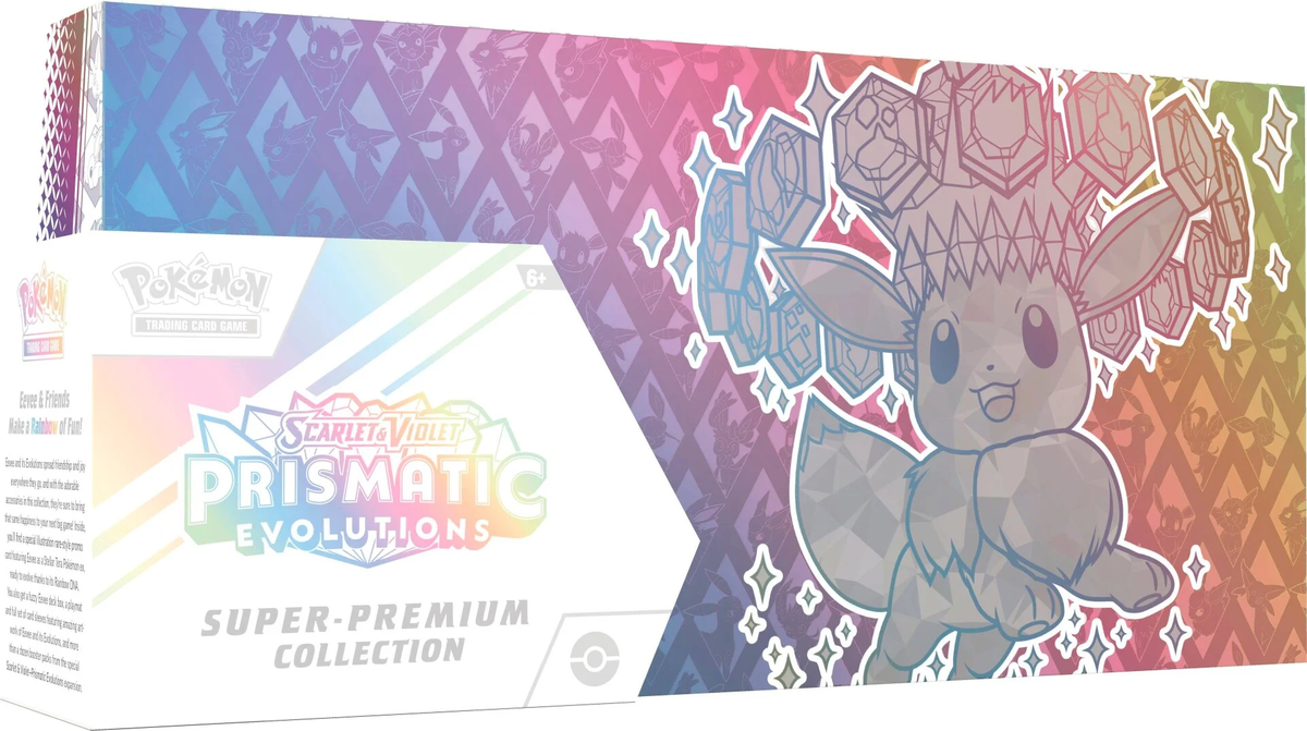 Collector's box with holographic Pokémon card art, featuring a radiant legendary Pokémon and colorful prism effects