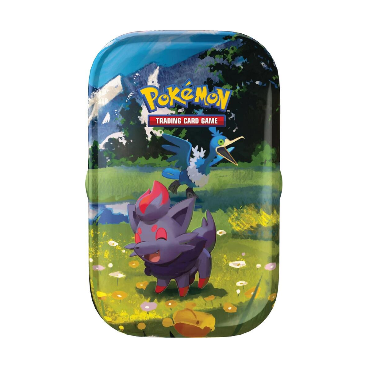 Mini tin containing collectible card game expansion with illustrated hero cards and compact storage case