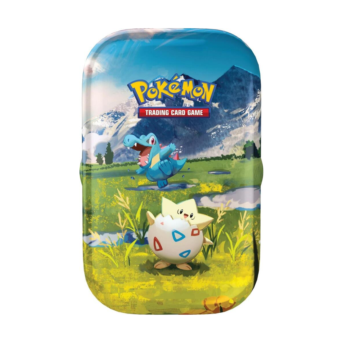Stacked mini tin for a collectible card game with illustrated hero art and compact metal case