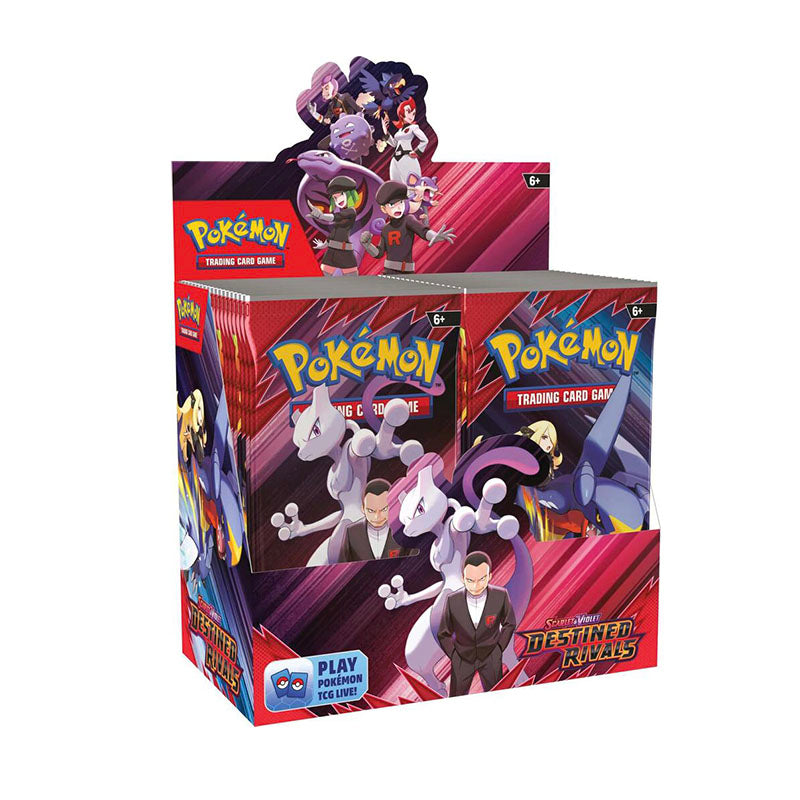 Box of trading card booster packs featuring fantasy artwork and logo on a dark, stormy background