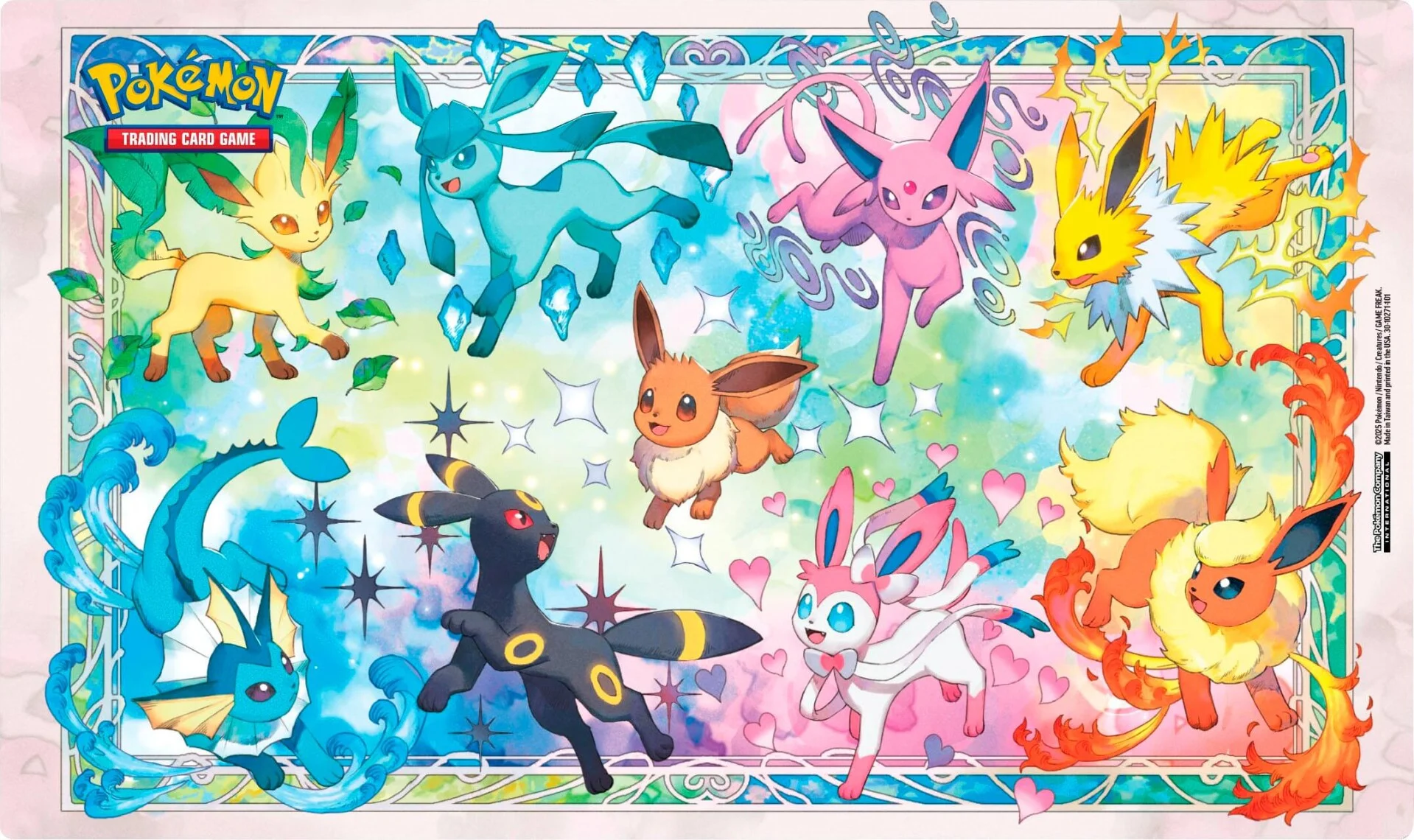 Collector’s box with holographic Pokémon cards and colorful prismatic artwork spilling from a premium display case