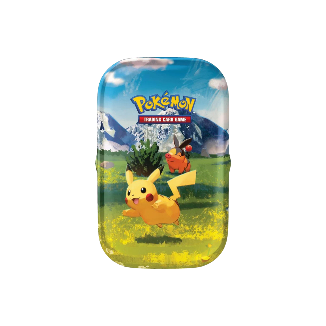 Small metal display case with felt interior holding six painted miniature hero figures in dynamic poses
