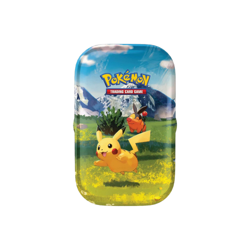 Small metal display case with felt interior holding six painted miniature hero figures in dynamic poses
