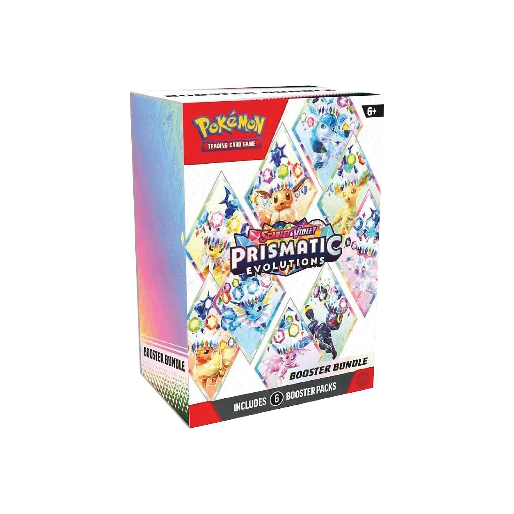 Stack of prismatic trading card booster packs fanned out showing colorful foil artwork and holographic accents
