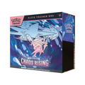 Closed Elite Trainer Box featuring Pokémon Chaos Rising artwork with card sleeves, dice, and booster pack accents
