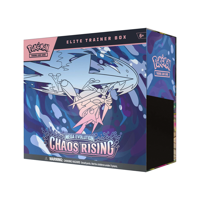 Closed Elite Trainer Box featuring Pokémon Chaos Rising artwork with card sleeves, dice, and booster pack accents