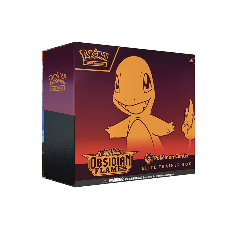 Black and red Pokémon TCG Elite Trainer Box with obsidian flame artwork, storage box and card sleeves visible