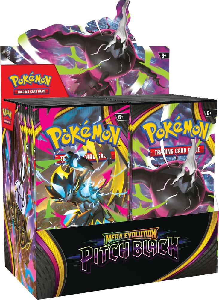 Box of black themed Pokémon booster packs with stylized Pikachu artwork and glossy foil accents on a dark background