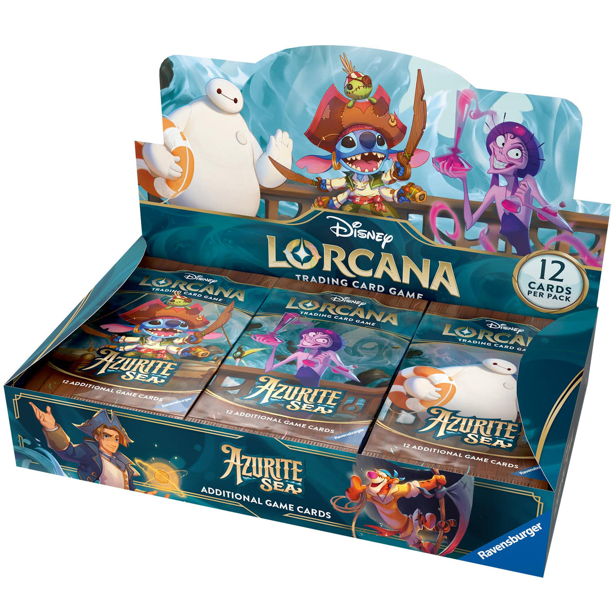 Box of 24 trading card booster packs featuring Azurite Sea artwork with ocean waves and character silhouettes
