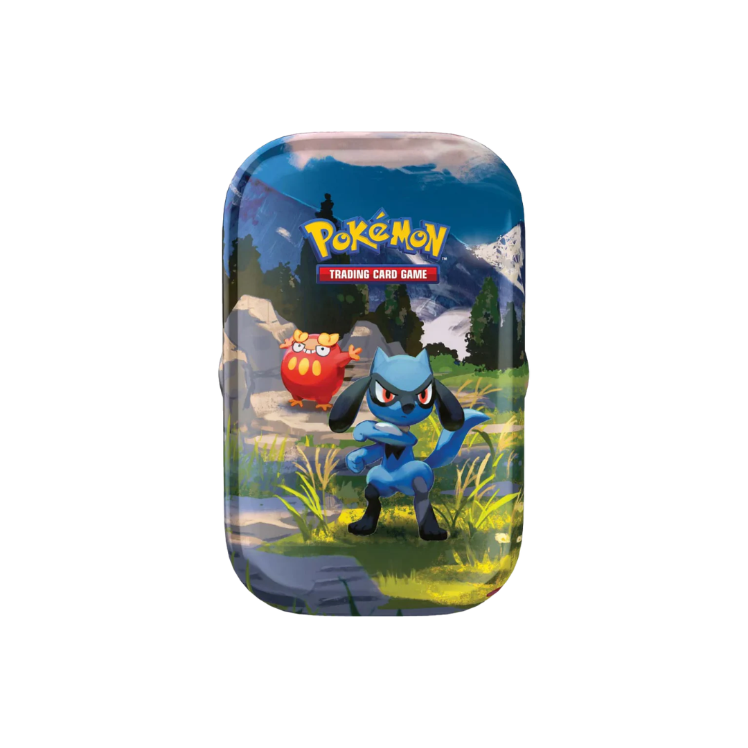 Compact metal display case holding seven miniature painted fantasy heroes with detailed armor and weapons