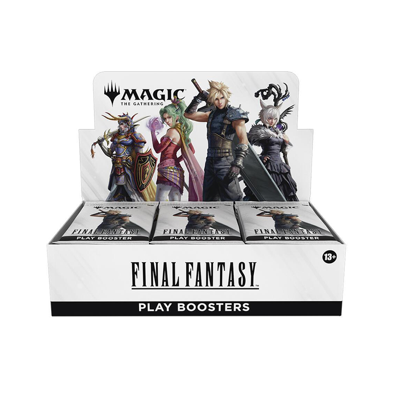 Display box of Final Fantasy trading card booster packs with vibrant character artwork and fantasy motifs