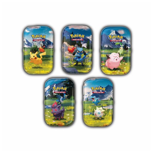 Small metal tin with illustrated fantasy heroes on the lid, compact card game collectible for tabletop play