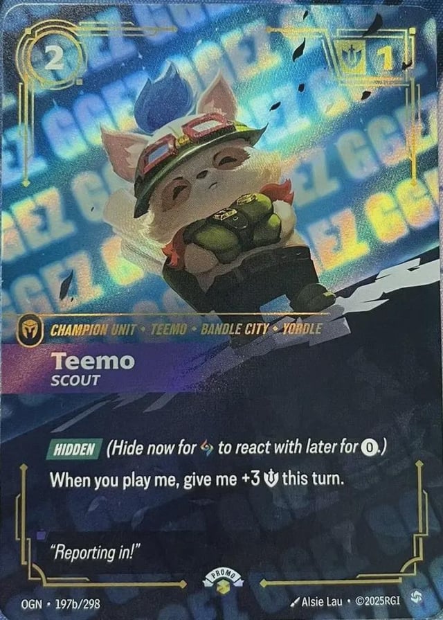 Illustrated Teemo scout card with riftbound artwork showing a cheerful scout in forested battlefield scene