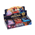 Box of 24 collectible card booster packs from a fantasy trading card game featuring colorful character art