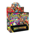 Box display of Pokemon TCG Mega Evolution booster packs with colorful card art and logo visible