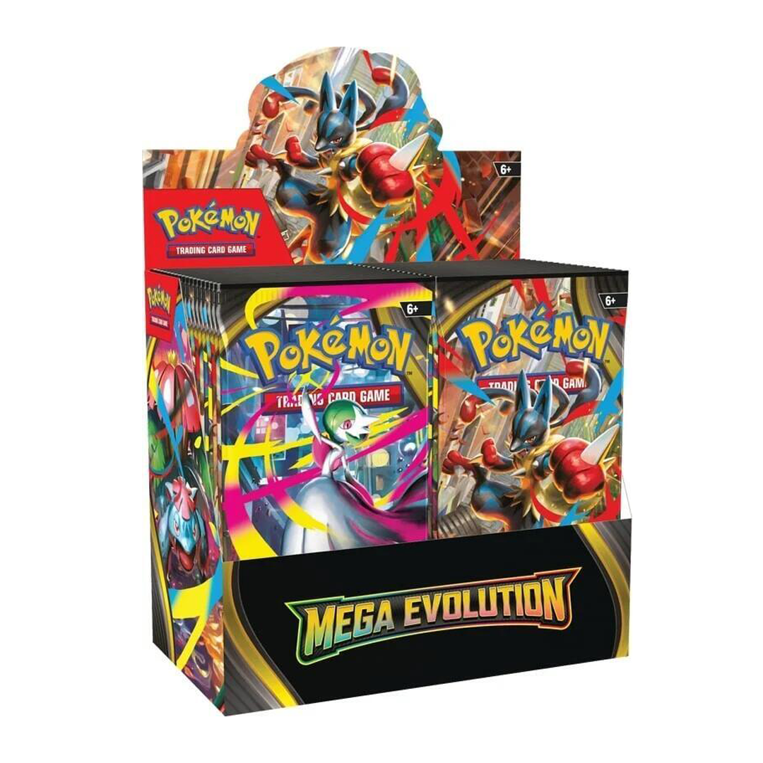 Box display of Pokemon TCG Mega Evolution booster packs with colorful card art and logo visible