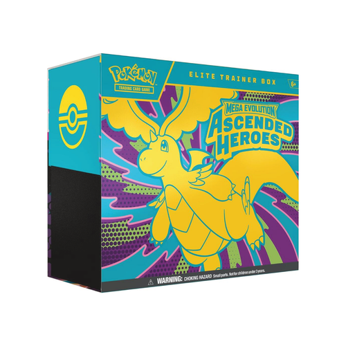 Elite Trainer Box with foil card sleeves, booster packs, dice, and collectible status markers displayed on a tabletop