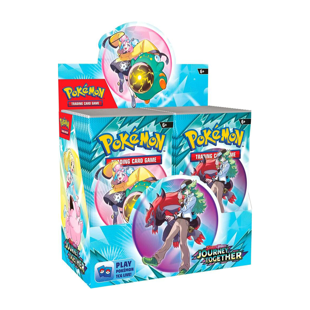 Collector booster box of Pokémon Journey Together with 24 sealed foil booster packs, colorful card art on box