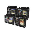 Four trading card deck display boxes with fantasy artwork and character portraits arranged in a row