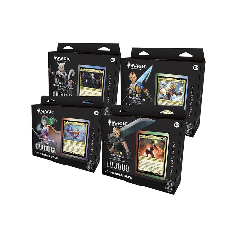 Four trading card deck display boxes with fantasy artwork and character portraits arranged in a row