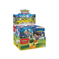 Small metal display tin with foam-lined interior holding twelve miniature fantasy hero figures in painted detail